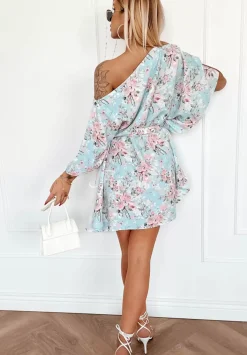 Kwiecista Sukienka Kimono Femina Blekitno-Rozowa