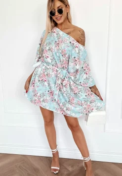 Kwiecista Sukienka Kimono Femina Blekitno-Rozowa