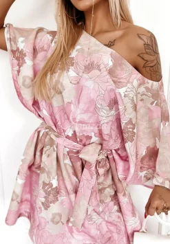 Kwiecista Sukienka Kimono Femina Rozowo-Bezowa