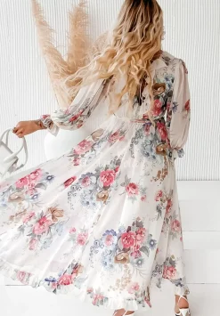 Kwiecista Sukienka Maxi Z Falbankami Rosannah Biala