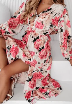 Kwiecista Sukienka Midi Bouquet Of Flowers Rozowa