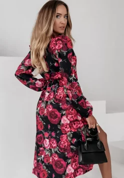 Kwiecista Sukienka Midi Floral Fiesta Czarno-Rozowa
