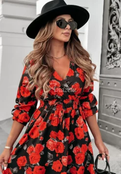 Kwiecista Sukienka Midi Unique Beauty Czarno-Czerwona
