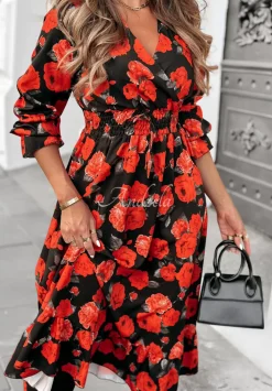Kwiecista Sukienka Midi Unique Beauty Czarno-Czerwona