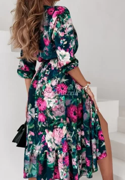 Kwiecista Sukienka Z Falbana Flower Delivery Granatowo-Rozowa