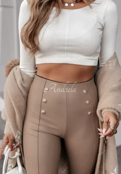 Legginsy Z Imitacji Skory Z Guzikami Graceful Glam Bezowe
