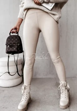 Legginsy Z Imitacji Skory Aurelly Bezowe