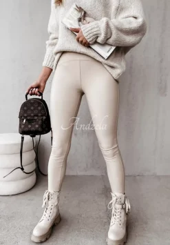 Legginsy Z Imitacji Skory Aurelly Bezowe