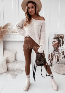 Legginsy Z Imitacji Skory Aurelly Brazowe