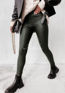 Legginsy Z Imitacji Skory Aurelly Khaki
