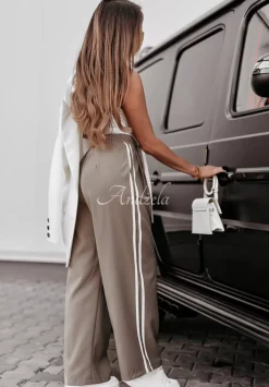 Materialowe Spodnie Wide Leg Z Lampasami Young And Brave Mokka