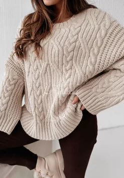 Ozdobnie Pleciony Sweter Oversize Cocomore Nicco Bezowy