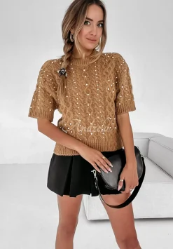 Ozdobnie Pleciony Sweter Z Perelkami Autumn Aura Camelowy