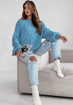 Ozdobnie Pleciony Sweter Oversize Aravis Blekitny