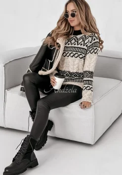 Ozdobnie Pleciony Sweter We Wzory Cozy Chill Bezowo-Czarny