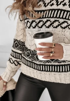 Ozdobnie Pleciony Sweter We Wzory Cozy Chill Bezowo-Czarny