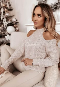 Ozdobnie Pleciony Sweter Z Odkrytymi Ramionami Aurori Bezowy
