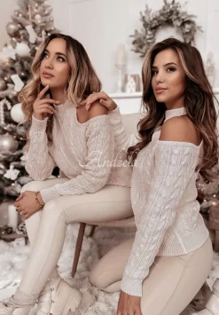 Ozdobnie Pleciony Sweter Z Odkrytymi Ramionami Aurori Bezowy
