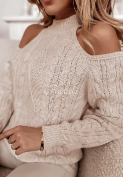 Ozdobnie Pleciony Sweter Z Odkrytymi Ramionami Aurori Bezowy