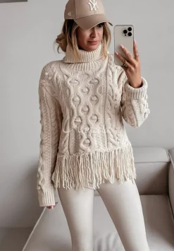 Ozdobnie Pleciony Sweter Z Golfem I Fredzlami Stay Cozy Bezowy