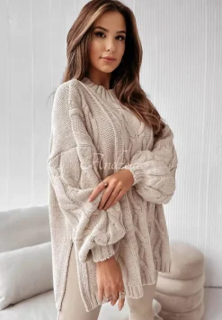 Ozdobnie Pleciony Sweter Oversize Cocomore Vivaldo Bezowy