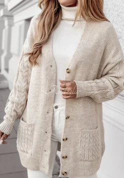 Ozdobnie Pleciony Zapinany Kardigan Burgundy Lipstick Bezowy