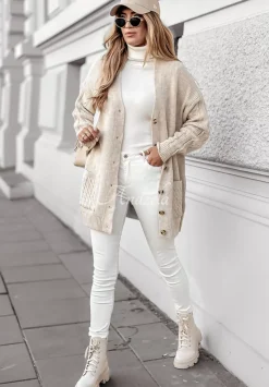 Ozdobnie Pleciony Zapinany Kardigan Burgundy Lipstick Bezowy