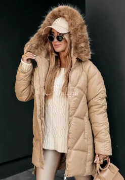 Pikowana Kurtka Z Futerkiem Polar Bear Camelowa