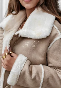 Plaszcz Z Imitacji Zamszu Z Futerkiem Icy Elegance Bezowy