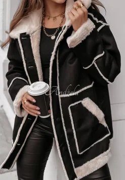 Plaszcz Z Imitacji Zamszu Z Futerkiem Icy Elegance Czarny