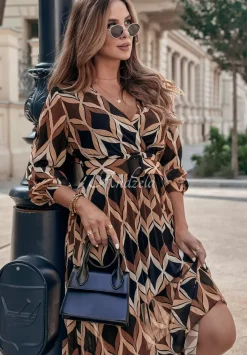 Plisowana Sukienka Maxi We Wzory Kristine Czarno-Camelowa