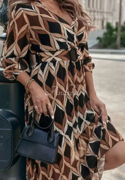 Plisowana Sukienka Maxi We Wzory Kristine Czarno-Camelowa