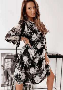 Plisowana Sukienka W Kwiaty Forsycja Czarno-Biala
