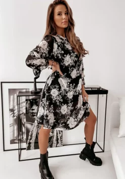 Plisowana Sukienka W Kwiaty Forsycja Czarno-Biala