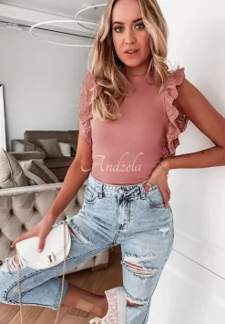 Prazkowana Bluzka Boho Z Falbankami Tilla Pudrowy Roz