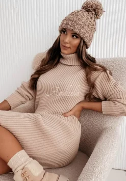 Prazkowana Sukienka Sweter Z Golfem Marisol Bezowa
