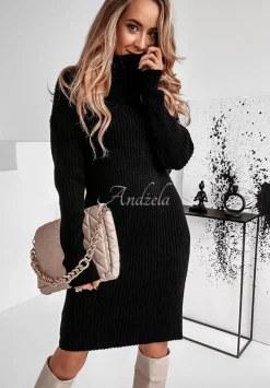 Prazkowana Sukienka Sweter Z Golfem Marisol Czarna