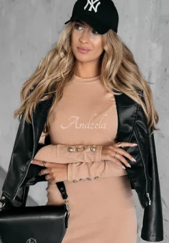 Prazkowana Sukienka Z Guzikami Little Miss Trendy Bezowa