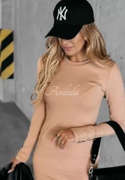 Prazkowana Sukienka Z Guzikami Little Miss Trendy Bezowa