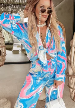 Satynowe Spodnie Wide Leg Girls Gone Wild Niebiesko-Rozowe