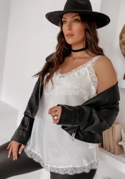 Satynowy Top Z Koronka Miley Bialy