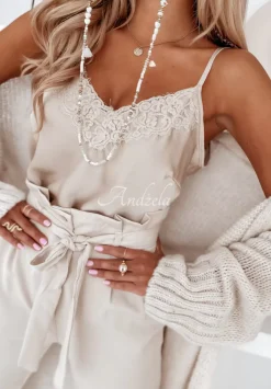 Satynowy Top Z Koronka Veneto Nude