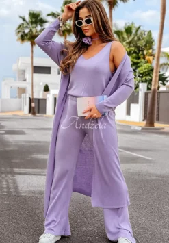 Spodnie Dzianinowe Wide Leg Back To Basics Liliowe