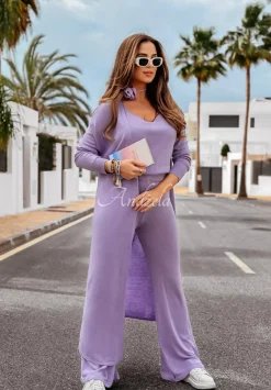 Spodnie Dzianinowe Wide Leg Back To Basics Liliowe