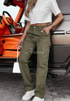 Spodnie Jeansowe Straight Cargo Z Kieszeniami Keaton Khaki