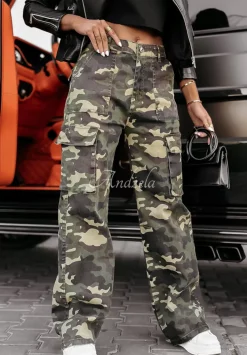 Spodnie Jeansowe We Wzor Moro Glover Khaki