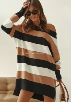 Sukienka Sweter Oversize W Paski Cocomore Attimo Camelowo-Czarna