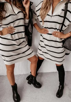 Sukienka Sweter W Paski Z Golfem Nalissa Ecru