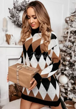 Sukienka Sweter W Romby Z Golfem Imelda Camelowo-Czarna