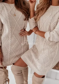 Sukienka Sweter Z Ozdobnym Splotem Cannes Bezowa